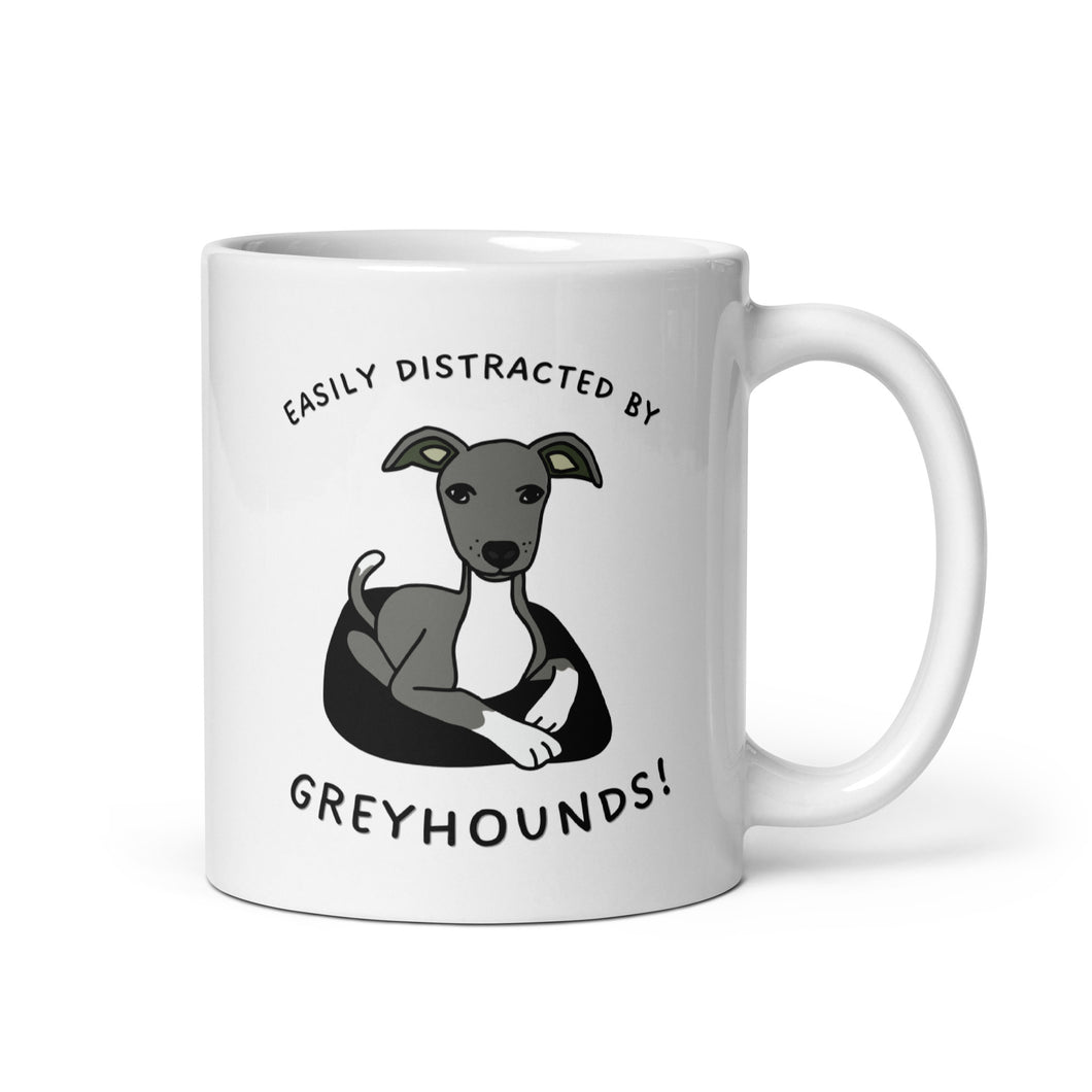 Easily Distracted By Greyhounds Graphic - White glossy mug