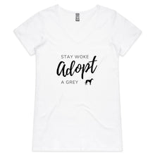 Load image into Gallery viewer, Stay Woke Adopt A Grey - Women&#39;s V-Neck T-Shirt
