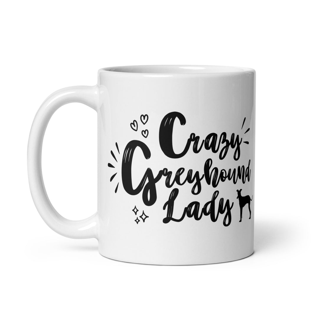 Crazy Greyhound Lady Graphic White Glossy Mug